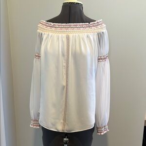 White House Black Market White Cuffed Sleeve Smocked Blouse